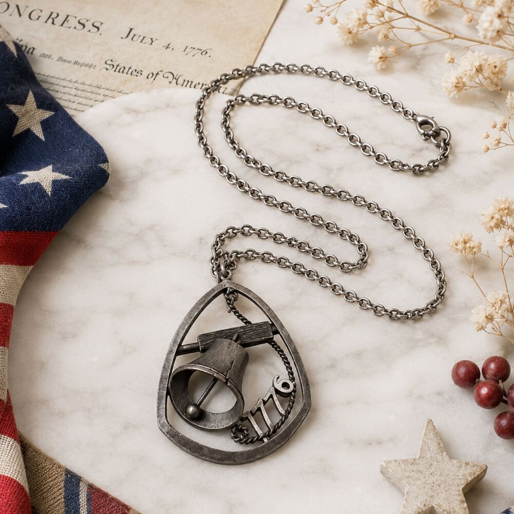Vintage Pewter Liberty Bell 1776 Pendant Necklace Patriotic Bicentennial